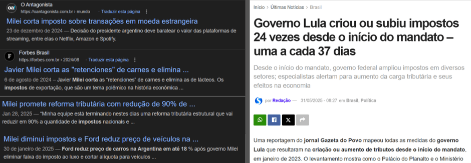 1 Imagem de títulos de notícias provenientes do google e a direita uma notícia do site "sete lagoas"
